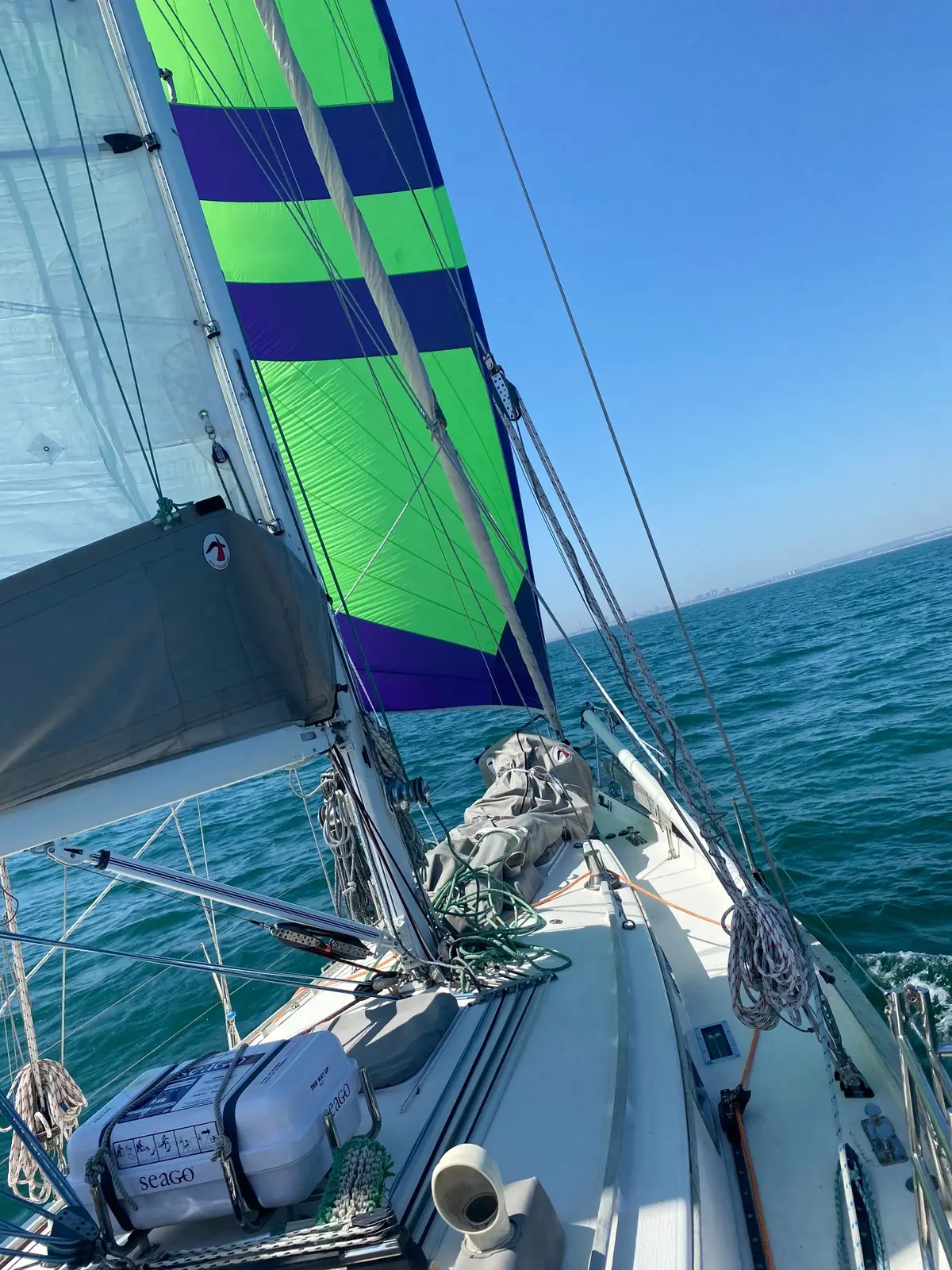 Suerte sailing with her green and purple spinnaker